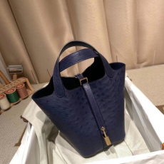 에르메* 피코탄 락18 사파이어블루 금장 타조가죽