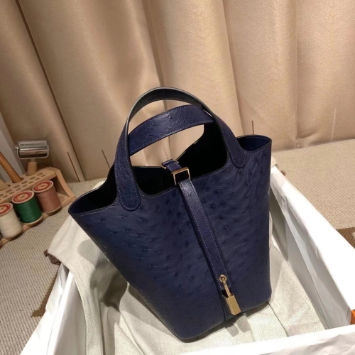 에르메* 피코탄 락18 사파이어블루 금장 타조가죽